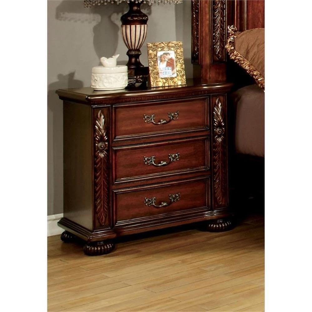 Furniture of America Caldara ‎Traditional 3-Drawer Wood Nightstand, Bedside Table, Small Dresser for Bedroom, Living Room, Home Office, Brown Cherry