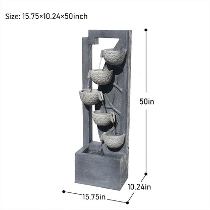 49.61’’H Waterfall Garden Fountain Outdoor 6-Tiered Modern Floor Standing Water Fall Fountains Indoor Cascading Bowl Water Feature with LED Lights Natural Stones for Living Room Office Home Decor