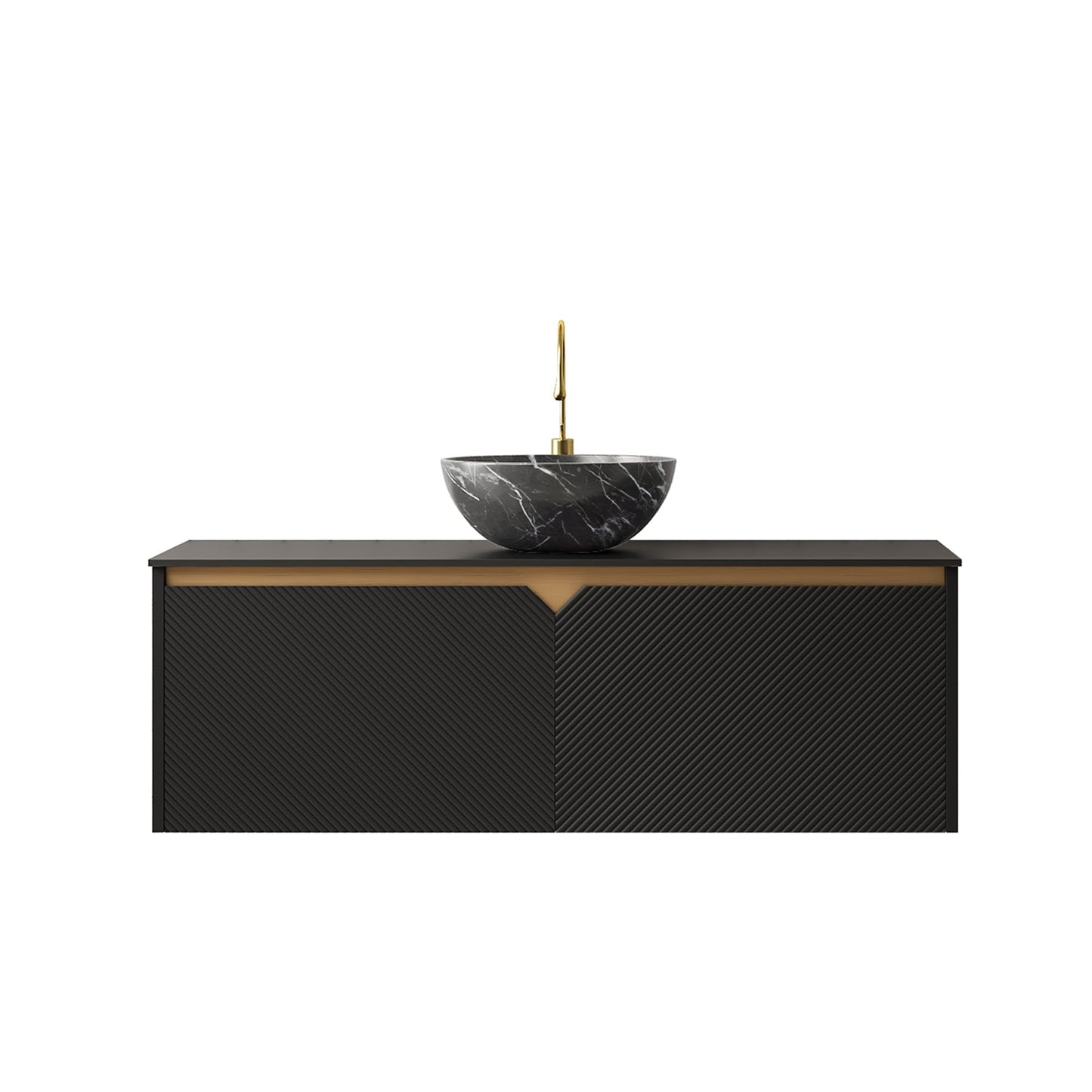 48" Floating Bathroom Vanity with Vessel Sink, RUBEN Wall Mounted Plywood Cabinet, Sintered Stone Countertop, Twill Double Doors with Metal Trim, Modern Storage Unit, Bowl Black Stone Ceramic Basin