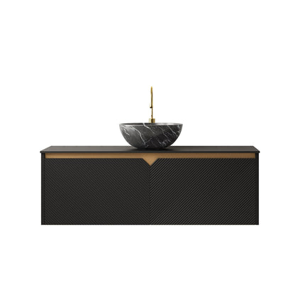 48" Floating Bathroom Vanity with Vessel Sink, RUBEN Wall Mounted Plywood Cabinet, Sintered Stone Countertop, Twill Double Doors with Metal Trim, Modern Storage Unit, Bowl Black Stone Ceramic Basin