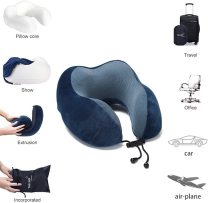 Travel Pillow - Best Memory Foam Neck Support for Sleeping, Airplane, Car & Home Use (Dark Blue)