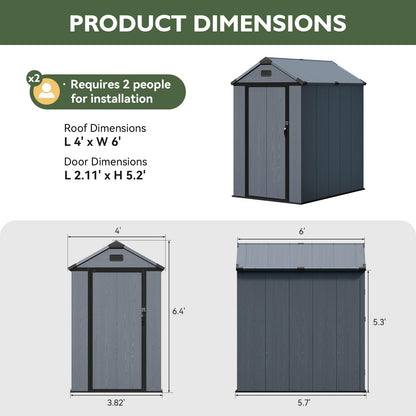 Aoxun 4x6 FT Resin Shed with Reinforced Floor, Outdoor Storage Shed, All-Weather Plastic Tool Storage with Lockable Door, Window & Vents for Garden, Patio, Bike & Garbage Can, Dark Gray