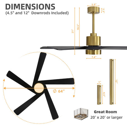WINGBO 64" ABS DC Ceiling Fan with Lights, 5 Blade ABS Plastic Ceiling Fan with Remote, 6-Speed Reversible DC Motor, LED Ceiling Fans for Kitchen Bedroom Living Room, Brass and Matte Black