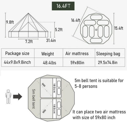 Outdoor Camping 13ft/16.4ft Oxford Bell Tent with Sewn-in Groundsheet for 4-8 Persons, Large Glamping 4M/5M Yurt Tent with Stove Jack for Winter Camping (16.4FT(5 Meter Bell Tent))