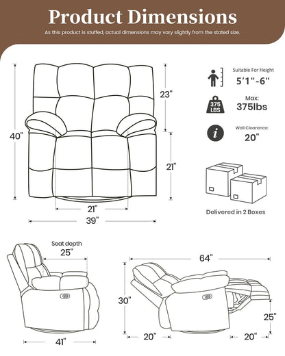 GARTMILAN Oversized Power Swivel Rocker Recliner Chair for Big and Tall, Electric Chenille Glider with USB Ports, Extra Wide Overstuffed Reclining Sofa for Living Room Nursery, 375lbs (Blue, Power)
