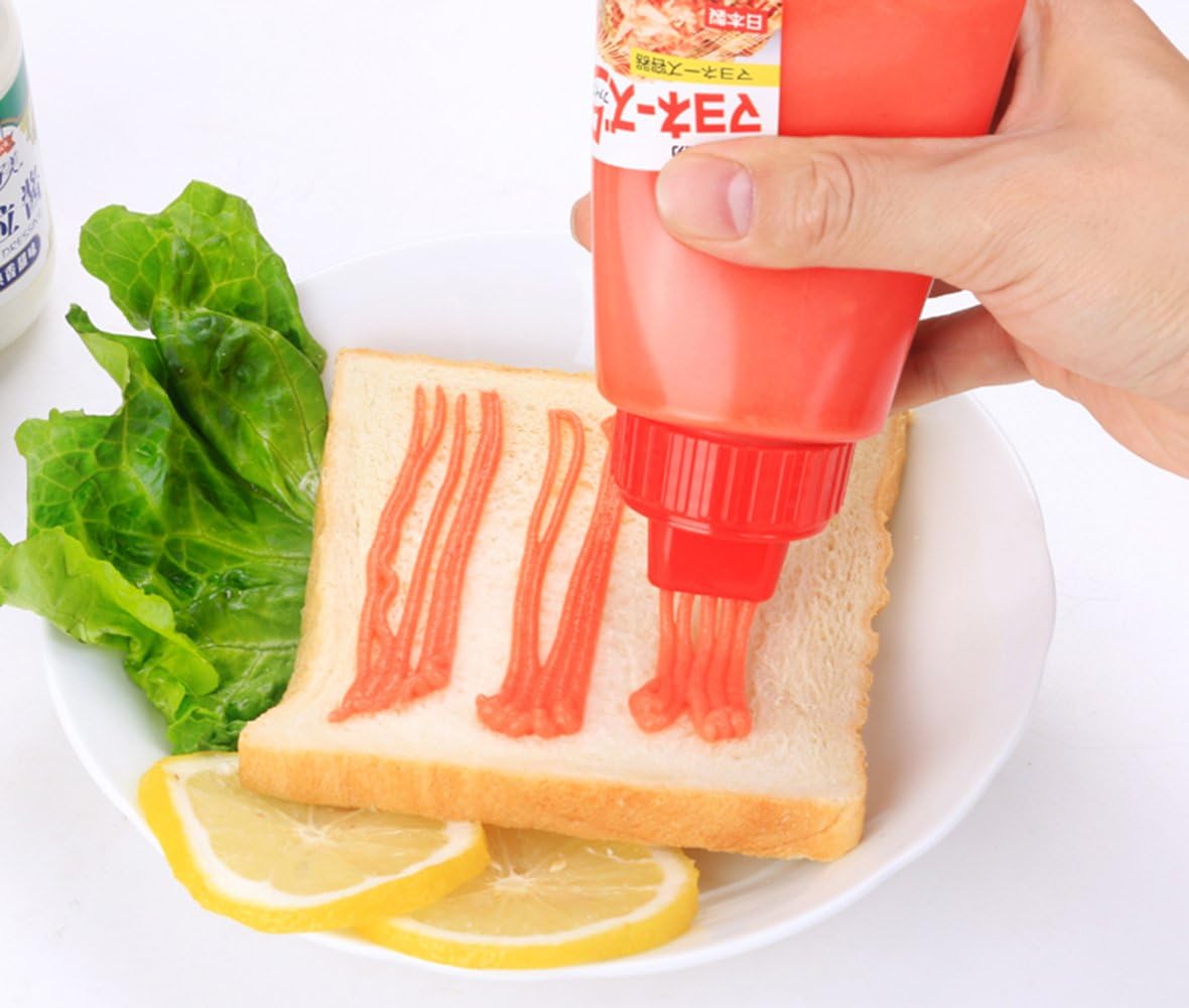 MXY 380ml Japanese Squeeze Bottle with Dust Lid, Creative 5 Hole Design for Salad, Vinegar, Ketchup, Honey, Oil (Red)