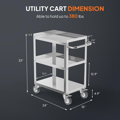 LEADZM 15"L x 24"W x 33"H Utility Rolling Cart on Wheels With Braker, 3-Tier Heavy Duty Commercial Storage Tool Serving Cart With Handle, Stainless Steel for Kitchen Home & Business, Silver
