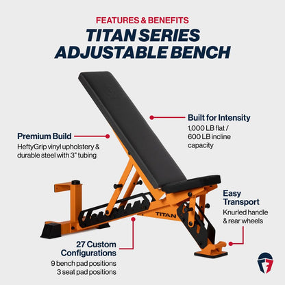 Titan Fitness TITAN Series Orange Adjustable Bench, Supports 600 LB Incline, 1,000 LB Flat, Versatile Single Post Utility Workout Bench for Home Gym, Weightlifting, Strength Training