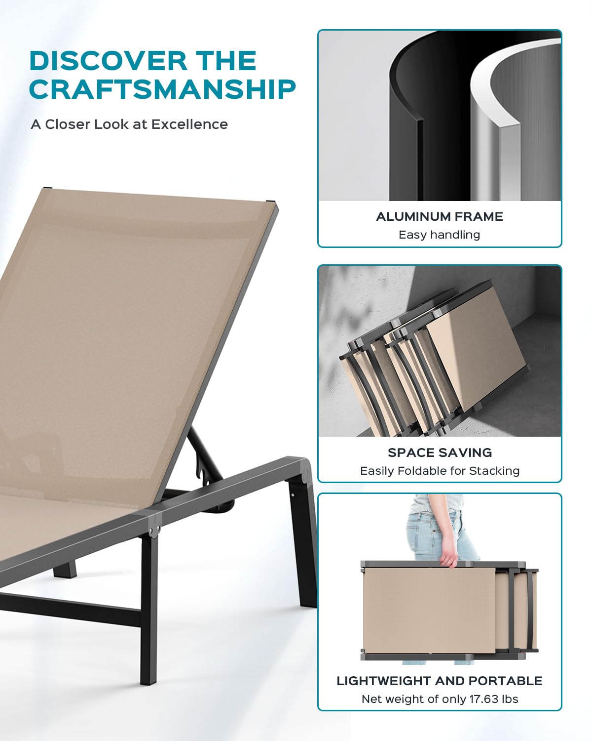 Ciokea Patio Chaise Lounge Chair, Foldable Lounge Chair for Outside, Aluminum Chairs Set of 2 with 5 Adjustable Backrest, Outdoor Pool Lounger for Poolside, Lawn, Deck, Khaki