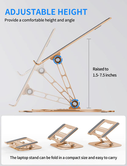 Adjustable Computer Stand with 360 Rotating Base, Ergonimic Foldable Laptop Riser for Desk Compatible with MacBook Pro/Air Notebook up to 16 Inches, Silver