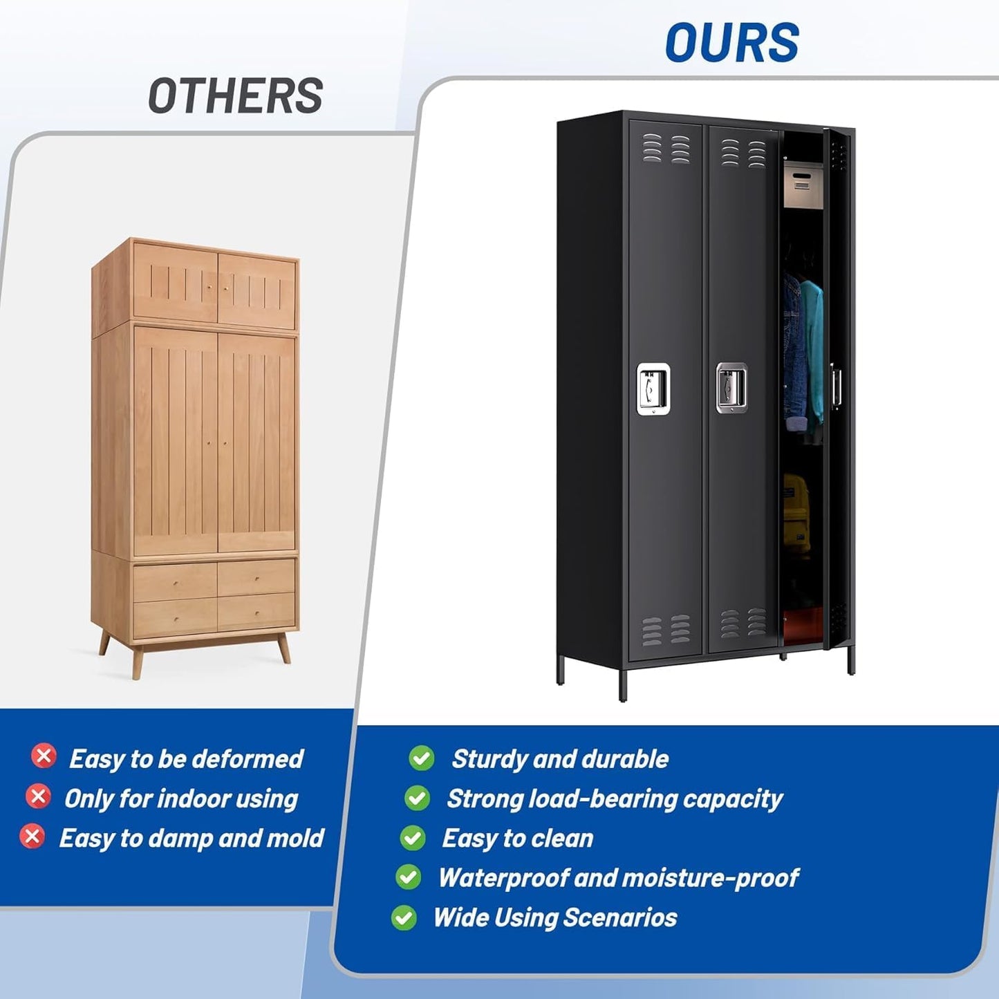 MERXENG Metal Storage Locker with 3 Doors, Metal Locker for Employees with 9 Hooks for Garage School Office Gym Home, Assembly Required, Black