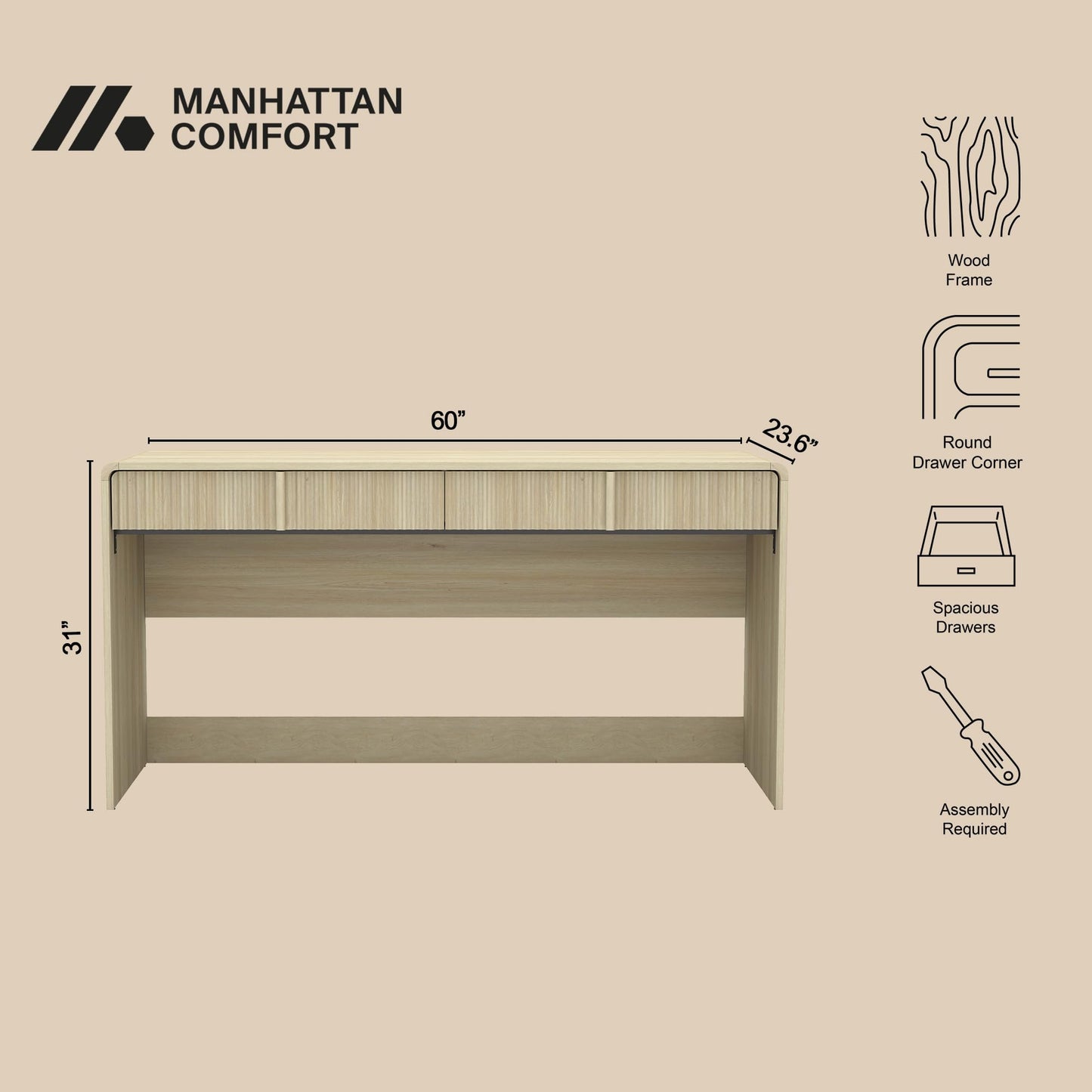 Manhattan Comfort Novara Modern 60" Writing Desk with 2 Smooth-Glide Drawers with Fluted Fronts, Office Desk with Large Work Surface, Stylish Rounded Edges, Whitewashed Oak