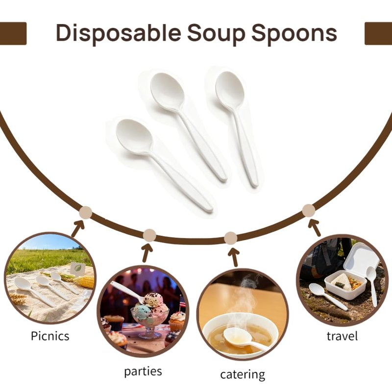 Yoaier Eco-Friendly 6" Disposable Soup Spoons - 100 Pack Heavy Duty Plant-Based Cutlery, Extra-Length Cornstarch Spoons for Hot Soup, Ice Cream, Chili,Para Pozole,Parties (Ivory)