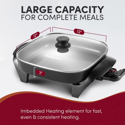 Elite Gourmet EG2212 12"x12"x2.15” Ceralast™ PFAS Free Ceramic Electric Skillet, Dishwasher Safe, Rapid Heat Up, 1200W, Dark Grey