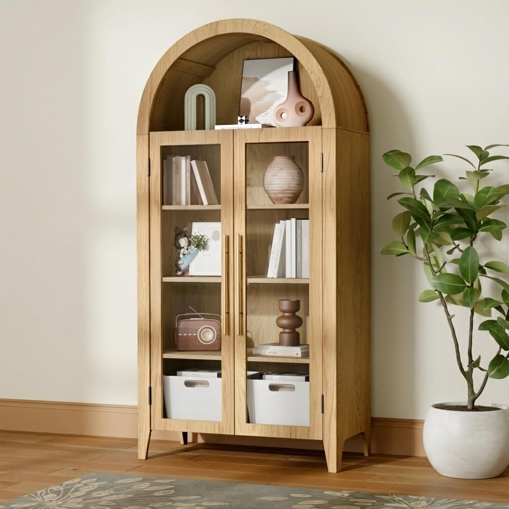 Topcomfy 63" Arched Display Cabinet with Glass Doors, 5-Tier Display Cabinets for Collectibles Wood Display Cabinet with Adjustable Shelves Display Curio Cabinet for Living Room Office, Oak