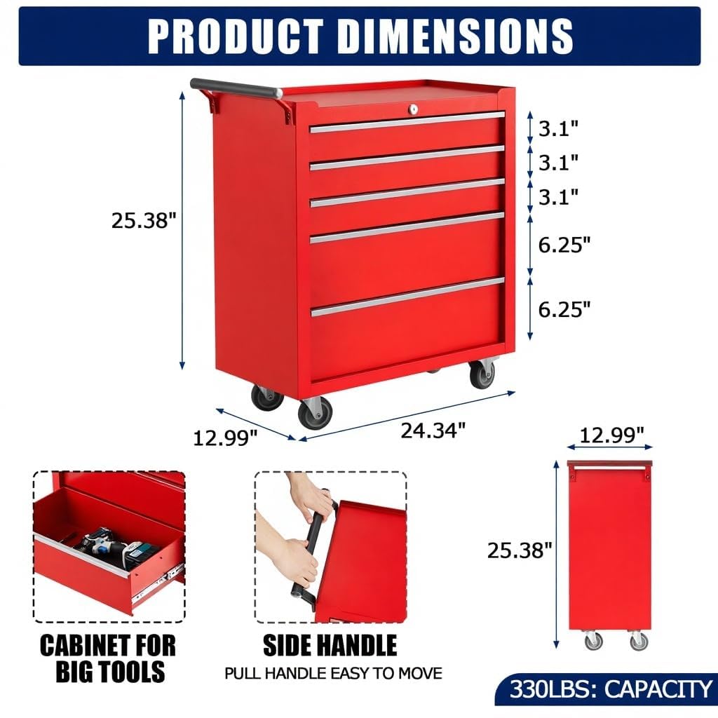 4-Drawer Rolling Tool Chest with Locking System, Portable Tool Storage Cabinet on Wheels, Secure Organizer Tool Box for Garage, Warehouse, Workshop, and Repair Shop, Heavy Duty Mobile Storage Solution