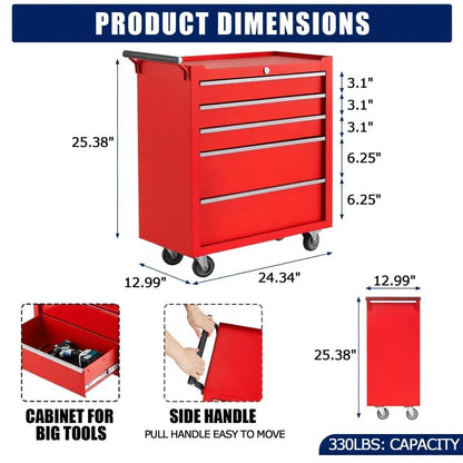 4-Drawer Rolling Tool Chest with Locking System, Portable Tool Storage Cabinet on Wheels, Secure Organizer Tool Box for Garage, Warehouse, Workshop, and Repair Shop, Heavy Duty Mobile Storage Solution