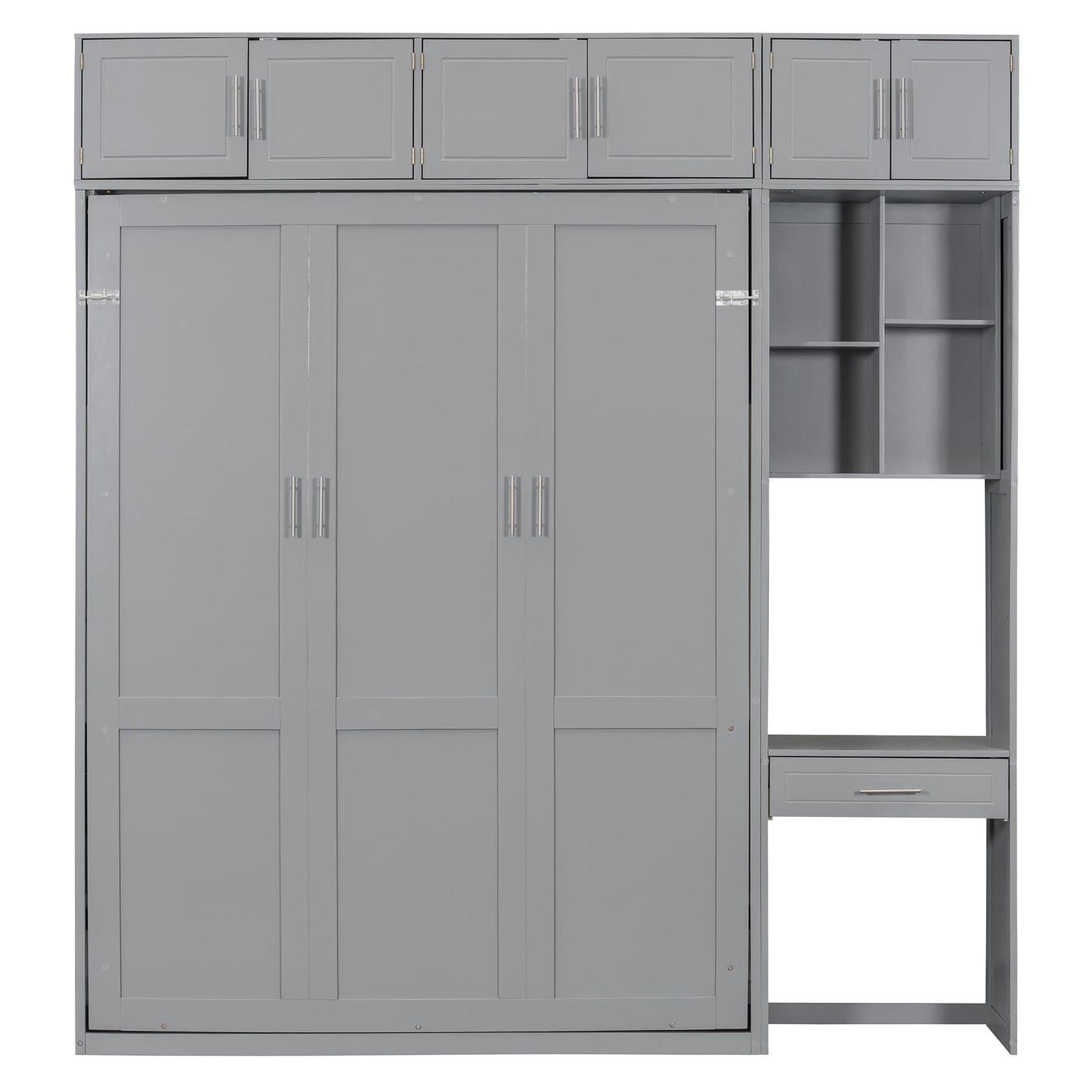 Merax Queen Size Wall Murphy Bed with Desk, Top Cabinet and Storage Shelves, Space Saving Foldable Bed, Wooden Bed Frame