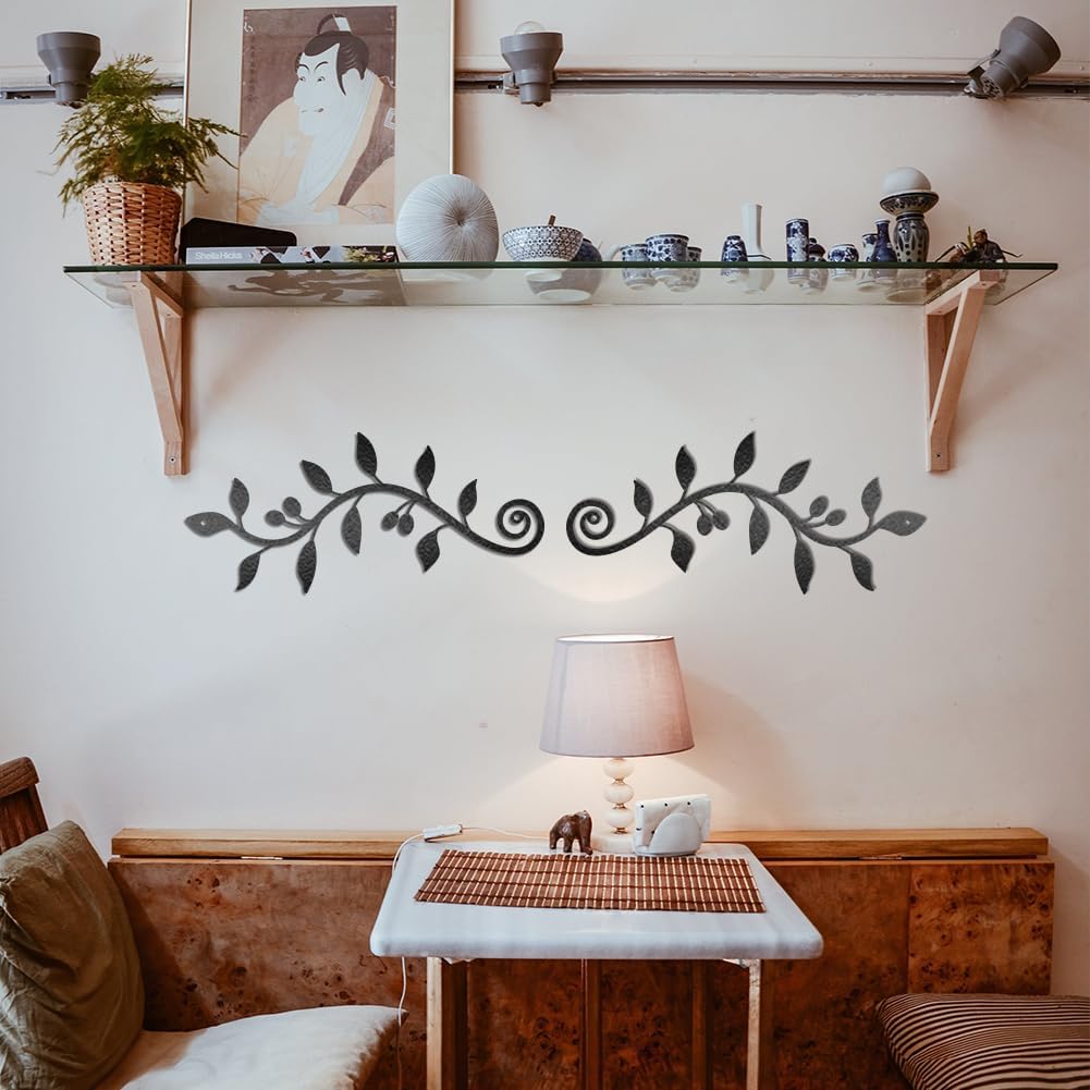 WADORN 2 Pieces Metal Wall Decor, Black Olive Branch Leaf Wall Art Decoration, Wrought Iron Scroll Vine Art for Indoor