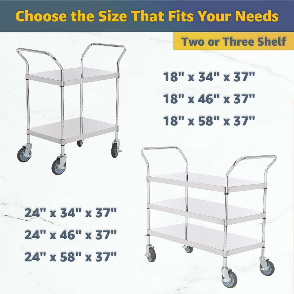 18" x 58" x 37" Stainless Steel Two Shelf Utility Cart - Commercial Heavy-Duty NSF Service Cart with Handles, Storage Rolling Shelving for Warehouse, Office, Food Service