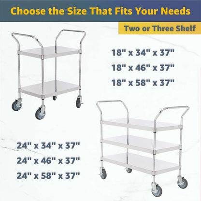 24" x 46" x 37" Stainless Steel Two Shelf Utility Cart - Commercial Heavy-Duty NSF Service Cart with Handles, Storage Rolling Shelving for Warehouse, Office, Food Service