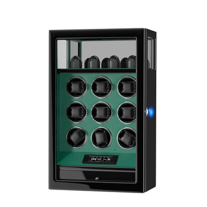 DUKWIN Watch Winder, Fingerprint Lock Automatic Watch Winder for 9 Watches with 4 Holders,300-2300 TPD,Digital Display, Remote Control,Jewelry Storage and Adjustable Watch Pillow and LED Light,Green