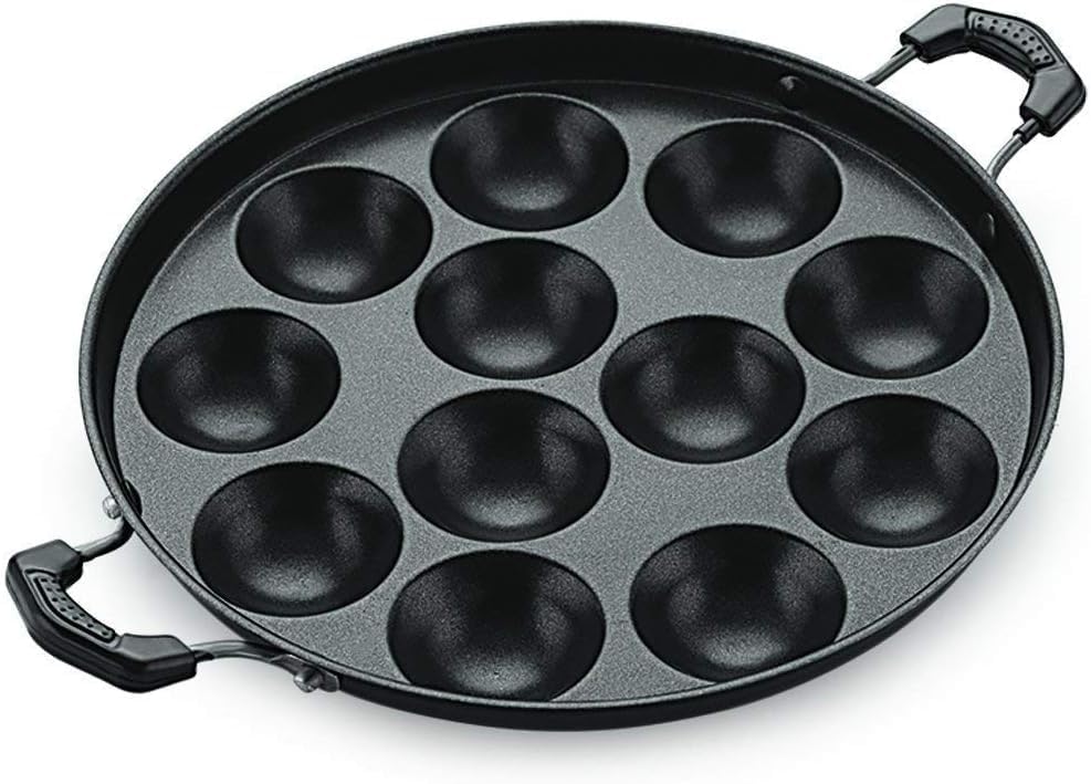 Nonstick Aluminum Appam Pan with 12 Pits and Lid, Easy to Clean, Dimensions: 9" Length x 9" Width x 2" Height