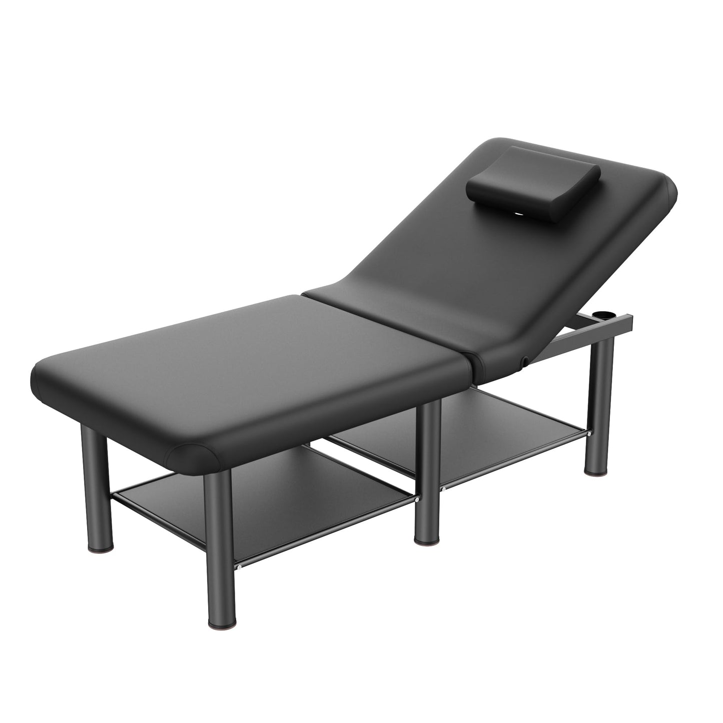 Folding Stationary Massage Table with Backrest and Storage Space for Treatment Table Physical Therapy Table Spa Facial Bed, 6 Round legs Metal Frame PU Leather, 30.5'' Wide × 75'' Long - Black