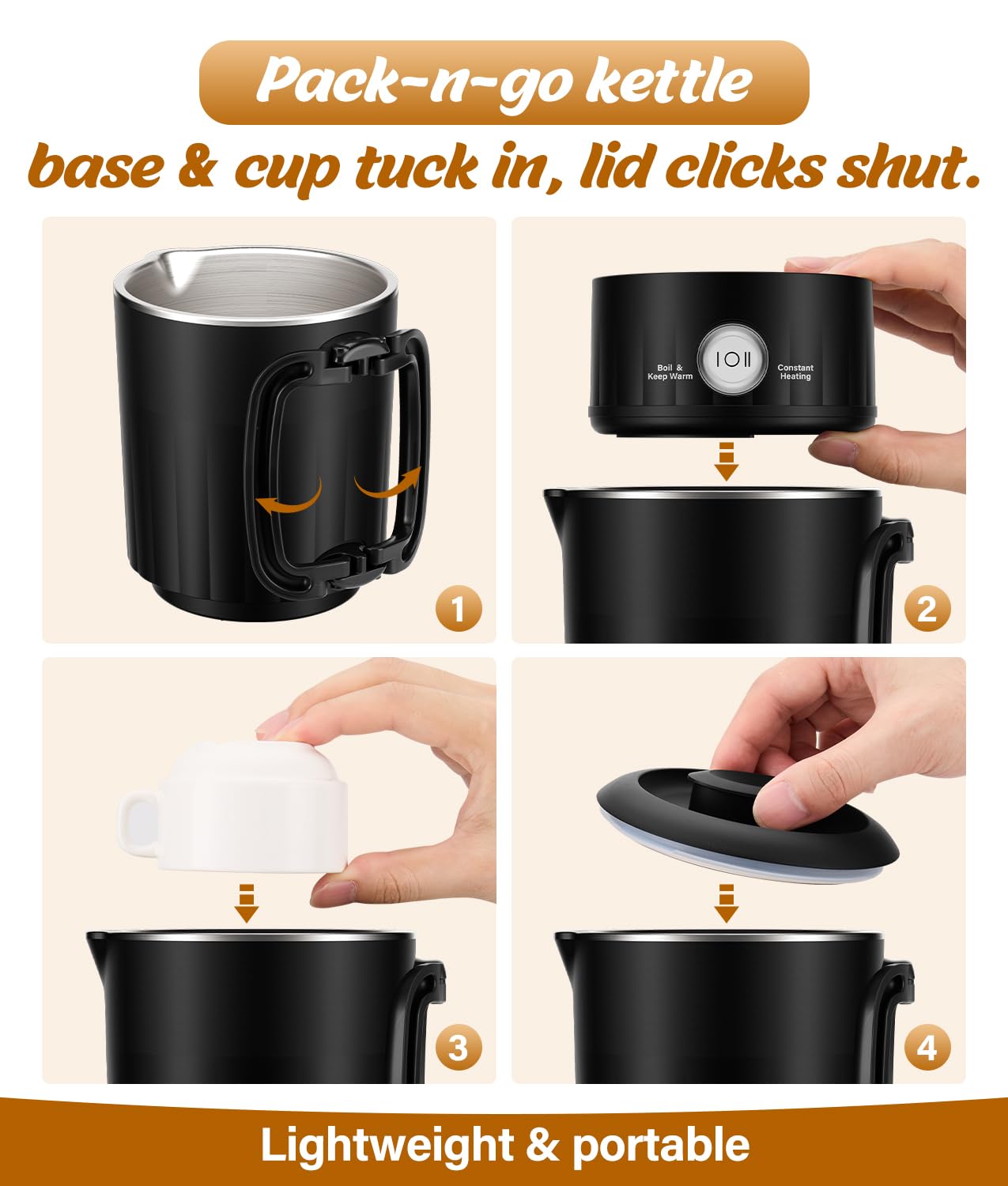Portable Travel Electric Kettle, 600ML Small Water Kettle with Ceramic Cup, 304 Stainless Steel Water Boiler with Dual Power Control, Compact Design for Camping, RV, Business Trip & Hotel Stays, Black