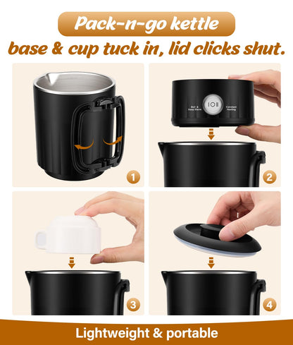Portable Travel Electric Kettle, 600ML Small Water Kettle with Ceramic Cup, 304 Stainless Steel Water Boiler with Dual Power Control, Compact Design for Camping, RV, Business Trip & Hotel Stays, Black
