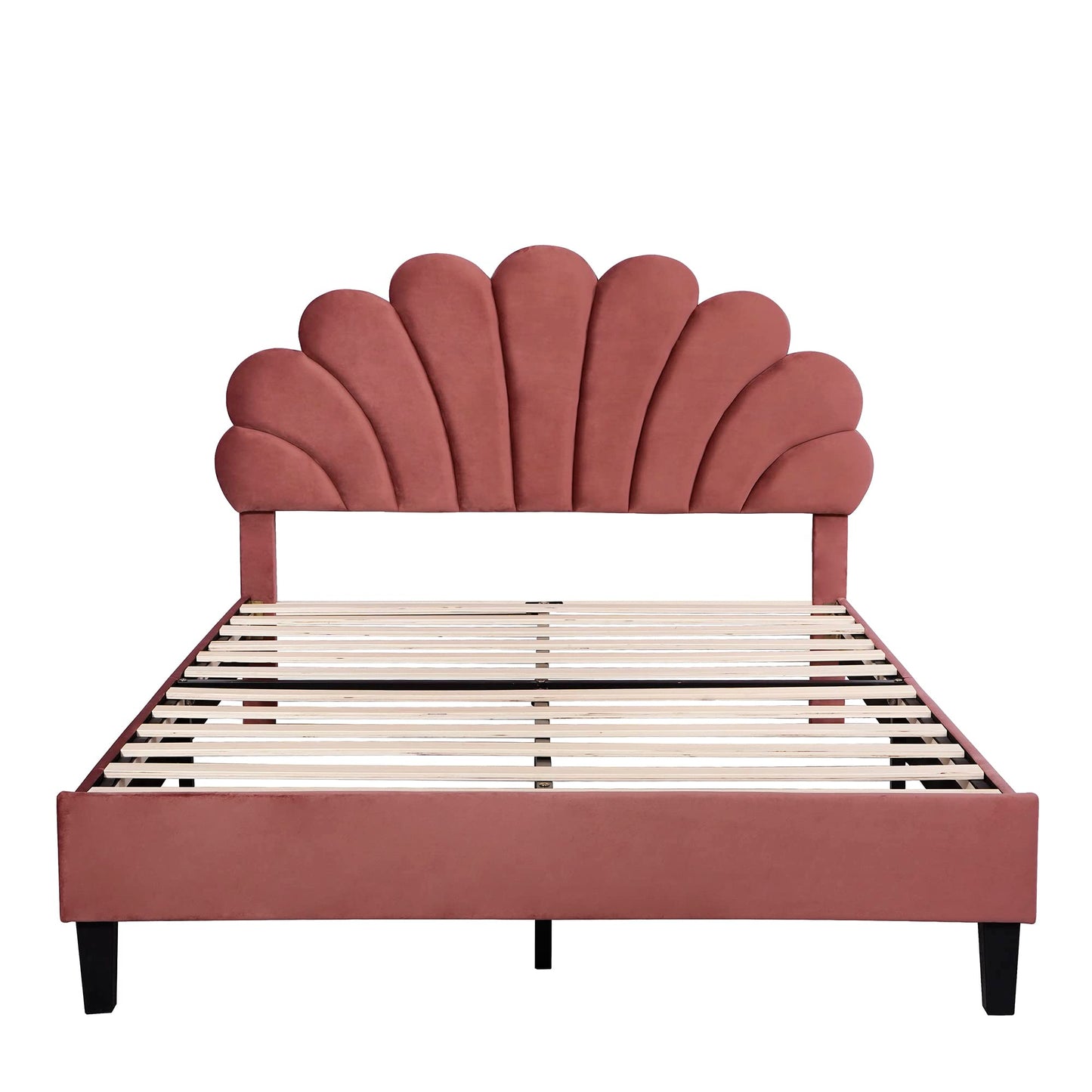Merax Full Size Upholstered Platform Bed Wooden Frame with Flower Pattern Velvet Headboard for Bedroom,Boys Girls,Bean Paste Red