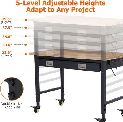 Workbench 48 x 24 Adjustable Height Worktable, 2000 LBS Load Capacity, Heavy Duty Rubber Wood Top, Workbench with Drawers, Pegboard, Power Outlets & Lockable Wheels, with Drawer Back