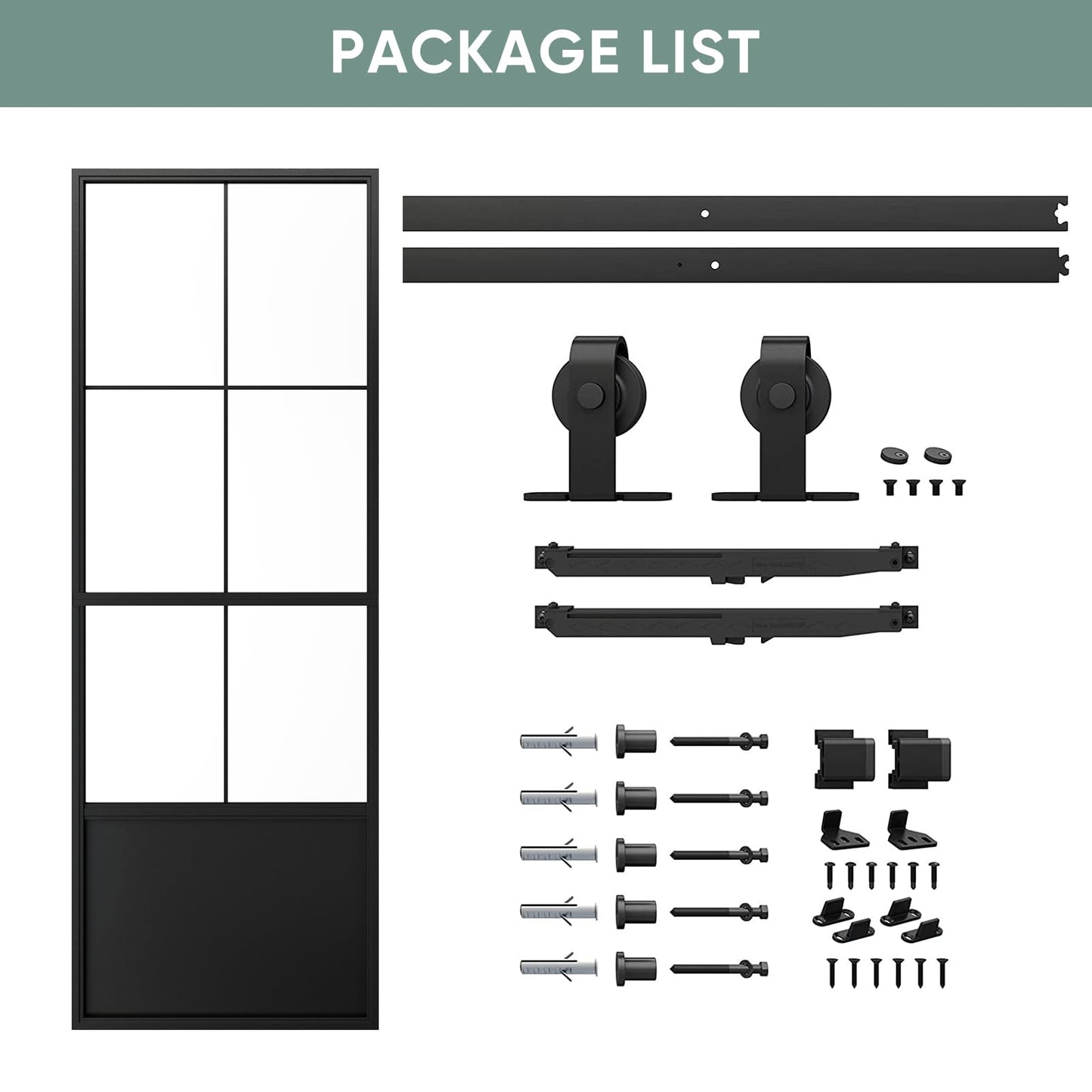 JUBEST 32in x 84in Glass Barn Door, Frosted Tempered Glass Carbon Steel Pre Drilled Frame Sliding Barn Door Panel with 5.5FT Hardware Kit and Soft Close Mechanism