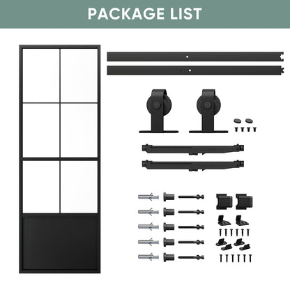JUBEST 32in x 84in Glass Barn Door, Frosted Tempered Glass Carbon Steel Pre Drilled Frame Sliding Barn Door Panel with 5.5FT Hardware Kit and Soft Close Mechanism