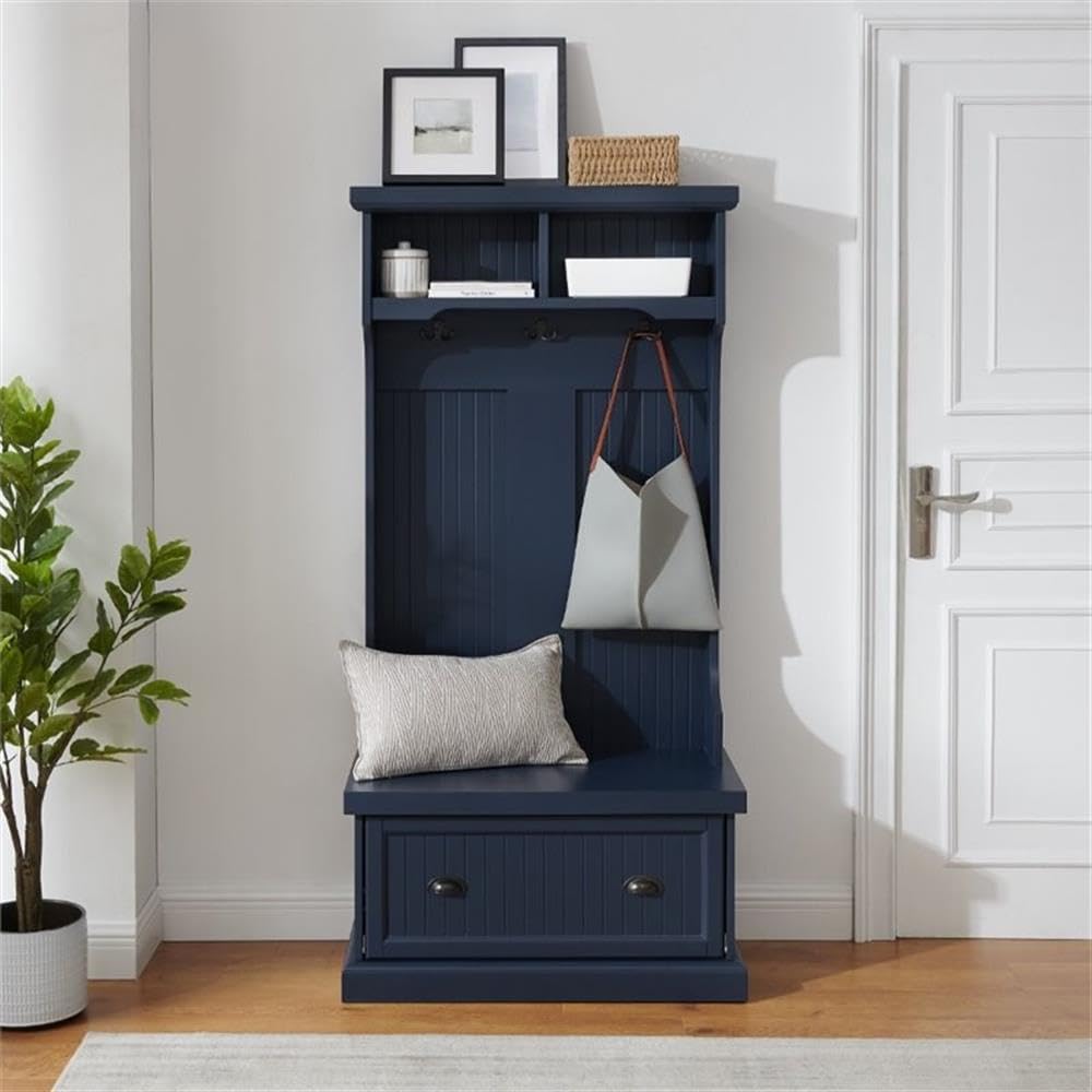 Bowery Hill Coastal Wood Hall Tree, Navy Finish, 64.25"H x 31.5"W x 15.75"D, Bead Board Design, 3 Double Hooks, Drop-Down Cabinet Door, Storage Shelves, Versatile Entryway Bench for Foyer or Mudroom