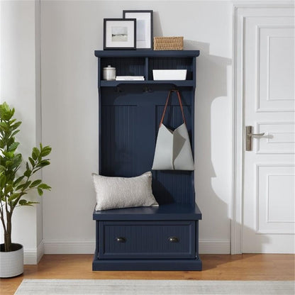 Bowery Hill Coastal Wood Hall Tree, Navy Finish, 64.25"H x 31.5"W x 15.75"D, Bead Board Design, 3 Double Hooks, Drop-Down Cabinet Door, Storage Shelves, Versatile Entryway Bench for Foyer or Mudroom