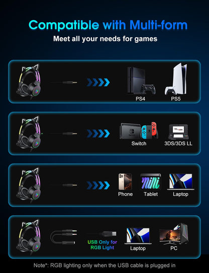 ONITOON Lightweight Gaming Headset with Detachable Cat Ears, RGB Lighting, Wired Over Ear Headphones with Mic for PC, PS4, PS5, Switch, Stereo Surround Sound, Self-Adjusting Headband
