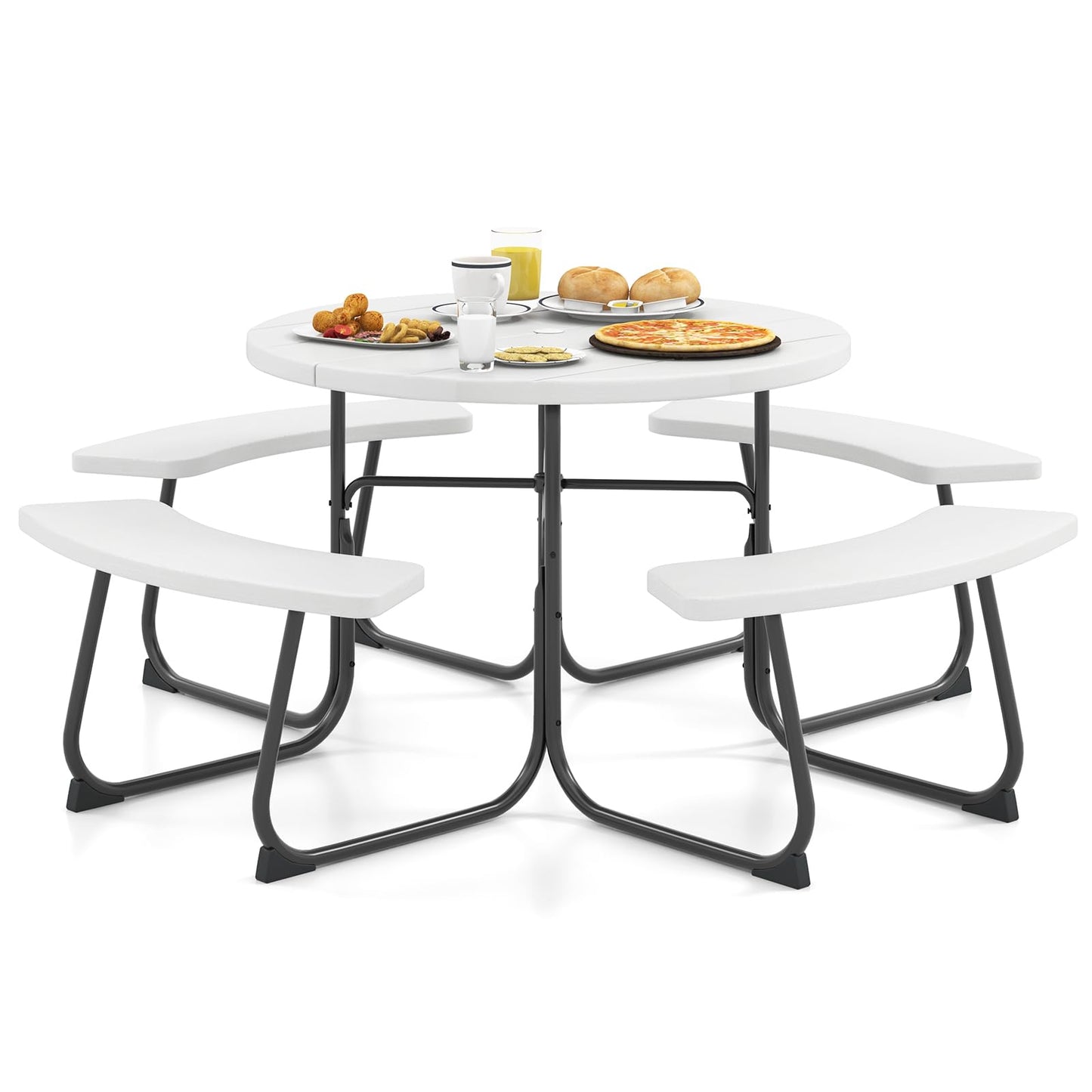 HAPPYGRILL 8-Person Picnic Table Bench Set with Umbrella Hole, 43” Outdoor Dining Table w/4 Benches, Wood-Like Texture Tabletop, Stable U-Shaped Base, Round Table for Backyards, White