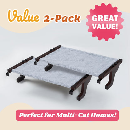 Zakkart 2PC Easy Seat Cat Perch for Window Sill - Hammock Design w/Pine Wood & Robust Metal Frame - Cat Window Seat for Large Cats and Kittens (Dark Stained Wood w/Gray Bed, Medium (23''W x 14''D))