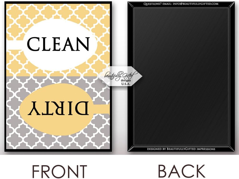 Clean Dirty Dishwasher Magnet Sign, Modern Moroccan Trellis Pattern, Yellow Gold Grey, Housewarming Gift