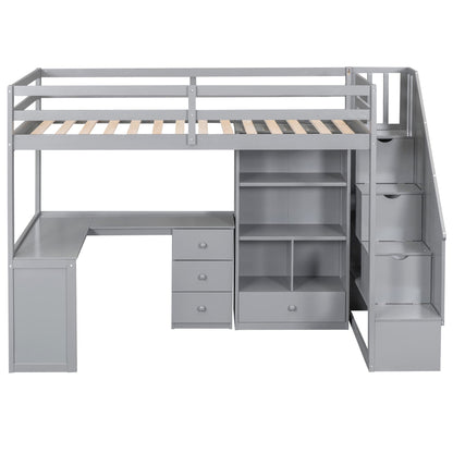 KTATK Twin Size Loft Bed with Storage Shelves and Under-Bed Desk,Bedroom Multifunctional Bed Frame w/Solid Wood Slat Support & Full-Length Guardrail,for Adult Boy Girl Teen,White