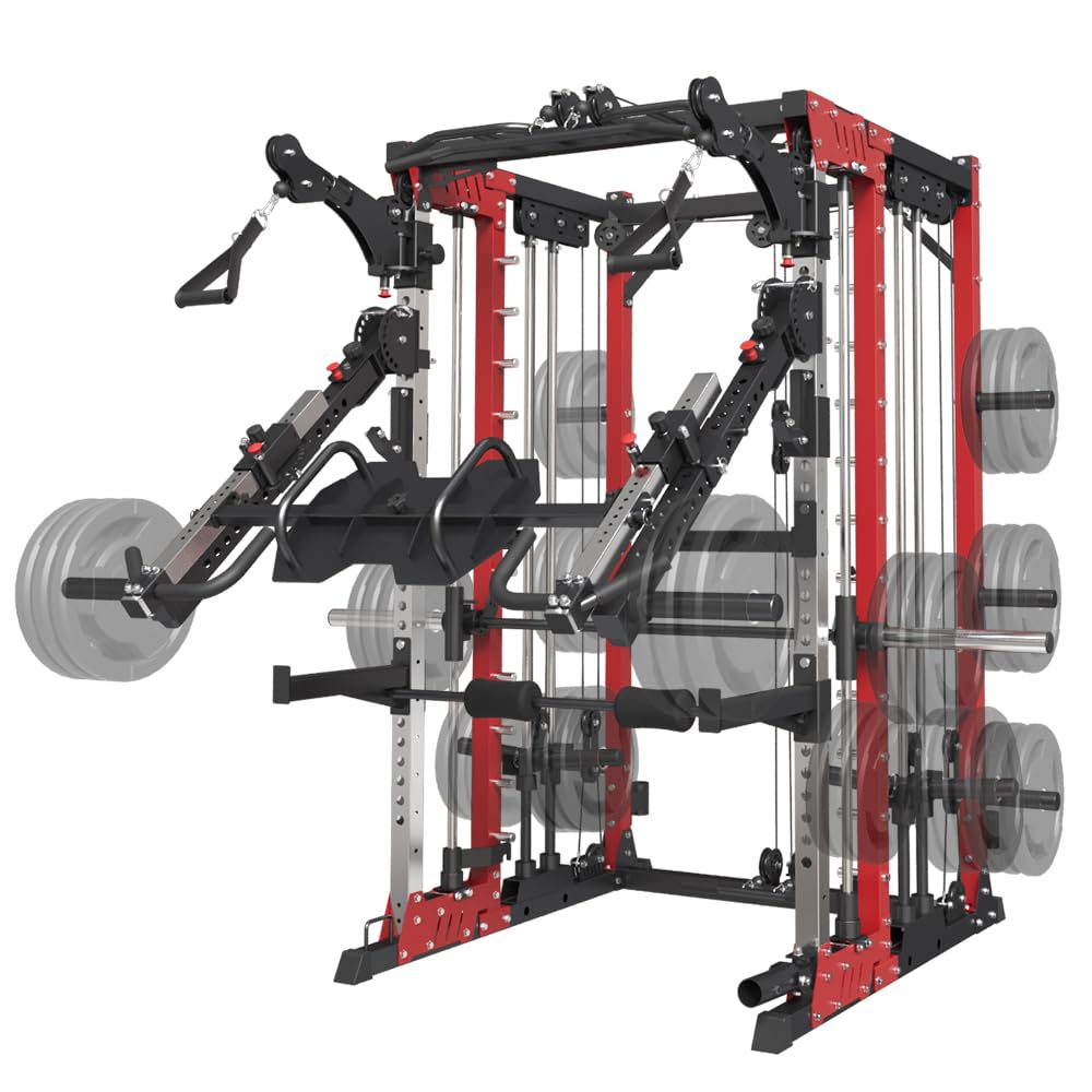FAGUS H Red Commercial Smith Machine with Smith Bar, 4000LBS Power Cage Squat Rack with Lever Arm, Leg Press, LAT Pull Down System, Multi-Function Linear Bearing Cable Crossover Machine for Home Gym