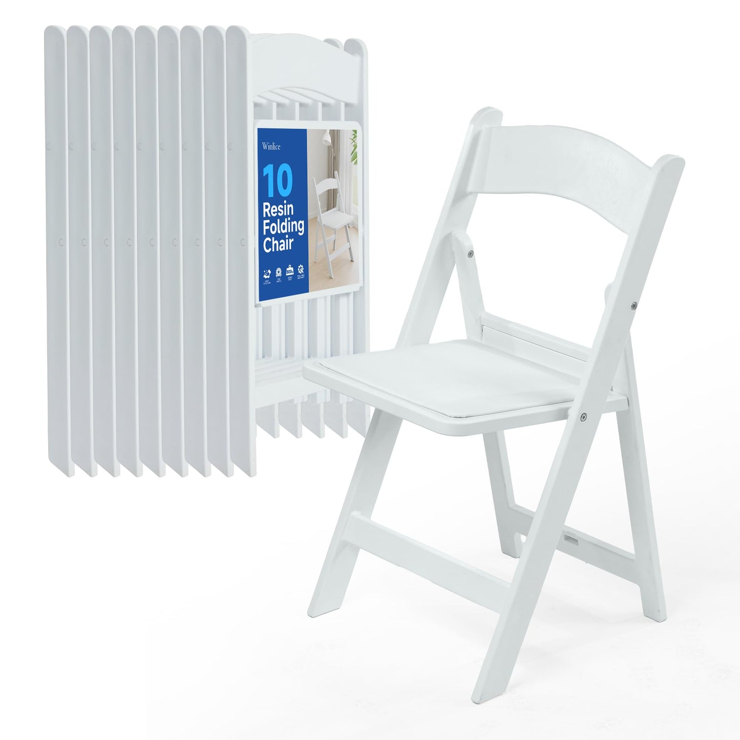 Winlice White Resin Folding Chairs - Stackable Chairs with Padded Seats, 800LB Weight Capacity Comfortable Chair - Indoor/Outdoor Folding Chairs for Events - Lightweight Foldable Chairs (10 Pack)
