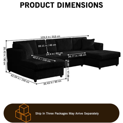 123" U-Shaped Modular sectional Sofa, Two L-Shape Chaise with 2 Cloud Couch sectional with Two Pillows, couches for Living Room (Black)