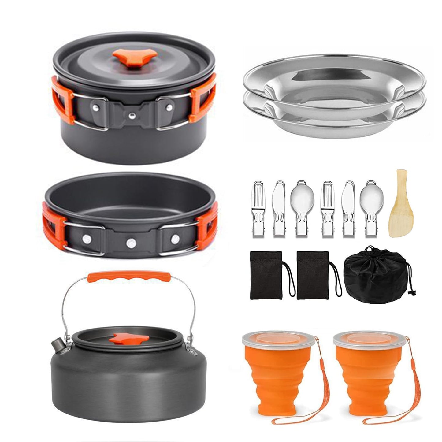 Camping Cookware Camping Cooking Set, Non-Stick Hard-Anodized Aluminum Pot & Pan with Kettle, 2 Forks Knives Spoons, 2 Plates & Folding Cups, Compact Backpacking Cookware for 2-3 People, Camping Gift