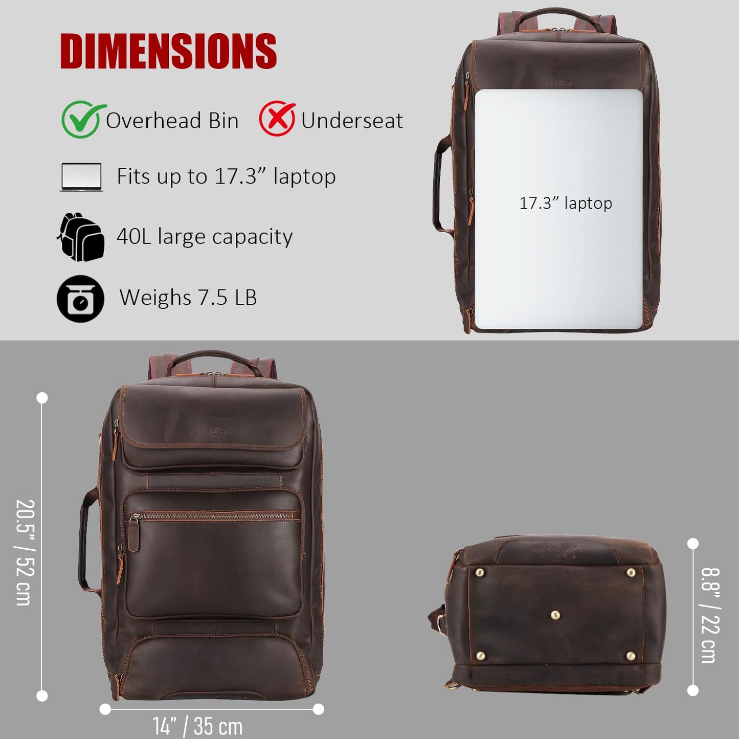 STAR VISTA Voyager-02 Full Grain Leather Travel Backpack, 40L Luxurious Capacity, All-in-One Duffle Backpack for Global Jet-set Voyagers, 17.3" Laptop Compatible, Canvas Lining