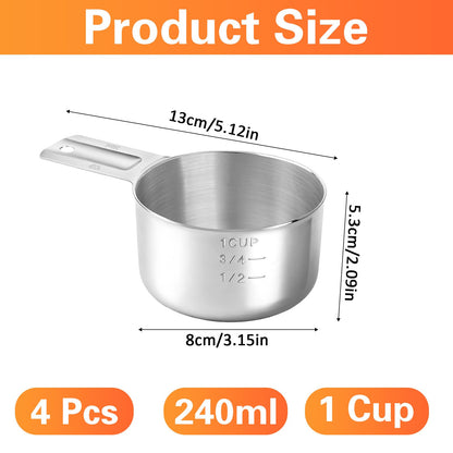 Akamino 4 Pack 1 Cup Stainless Steel Measuring Cup, 250 ml | 240 cc | 8 oz Single Measuring Cups with Handle, Small Measuring Scoops Coffee Scoop for Kitchen Cooking Baking