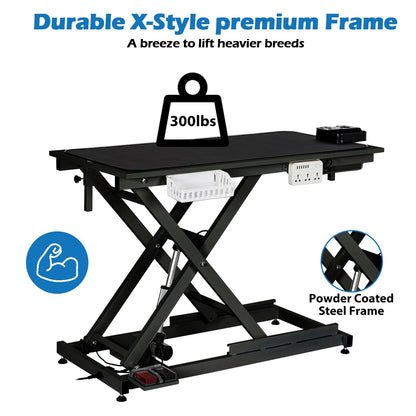50 Inch Dog Grooming Table, Electric Hydraulic Pet Grooming Table, Dog Grooming Station with Aluminium Overhead Arm, Anti Slip Tabletop, 6 USB Ports, Height Adjustable, 300 LBS Capacity, Black