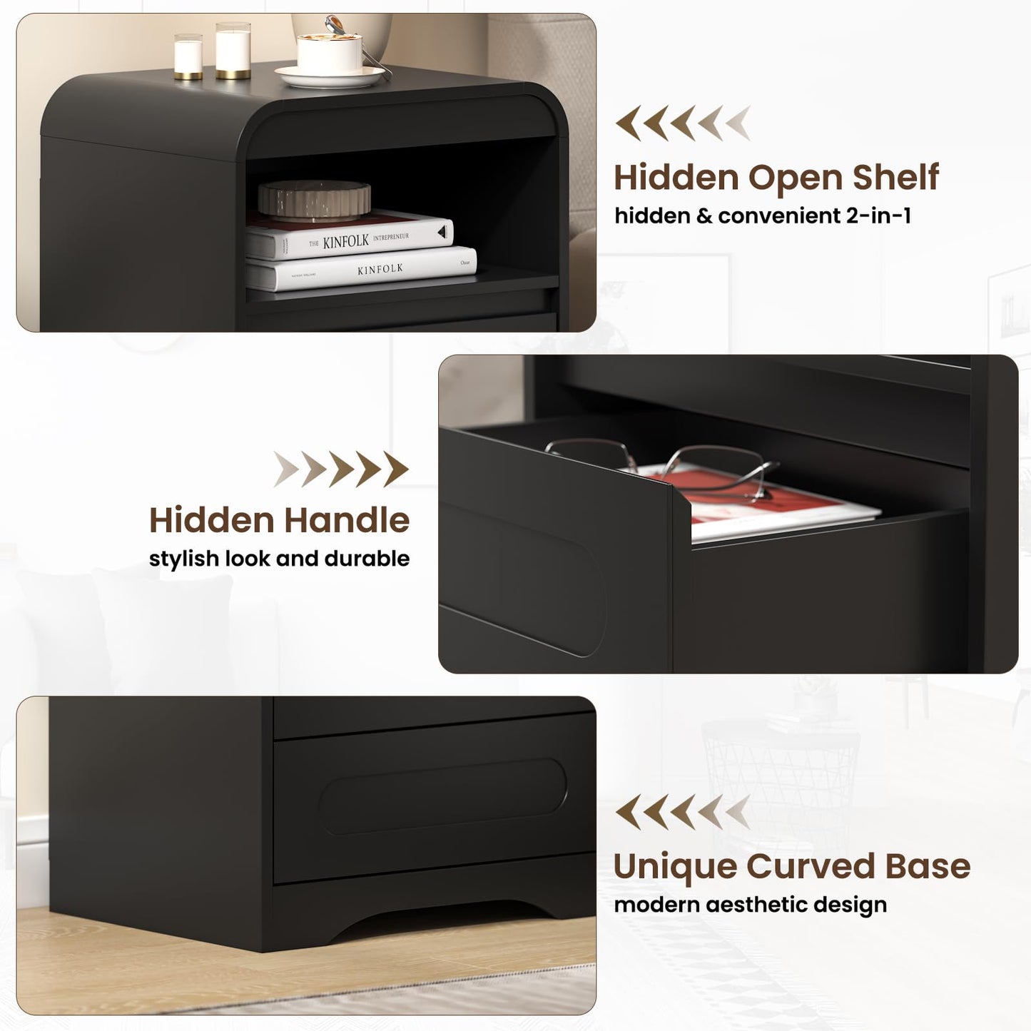 Night Stand Set of 2, 26" Tall Bedside Side Table with 2 Drawers and Open Storage, Curved Corners, Hidden Handle, Wood Nightstand, Modern Night Stands End Table for Sofa Couch (Black)