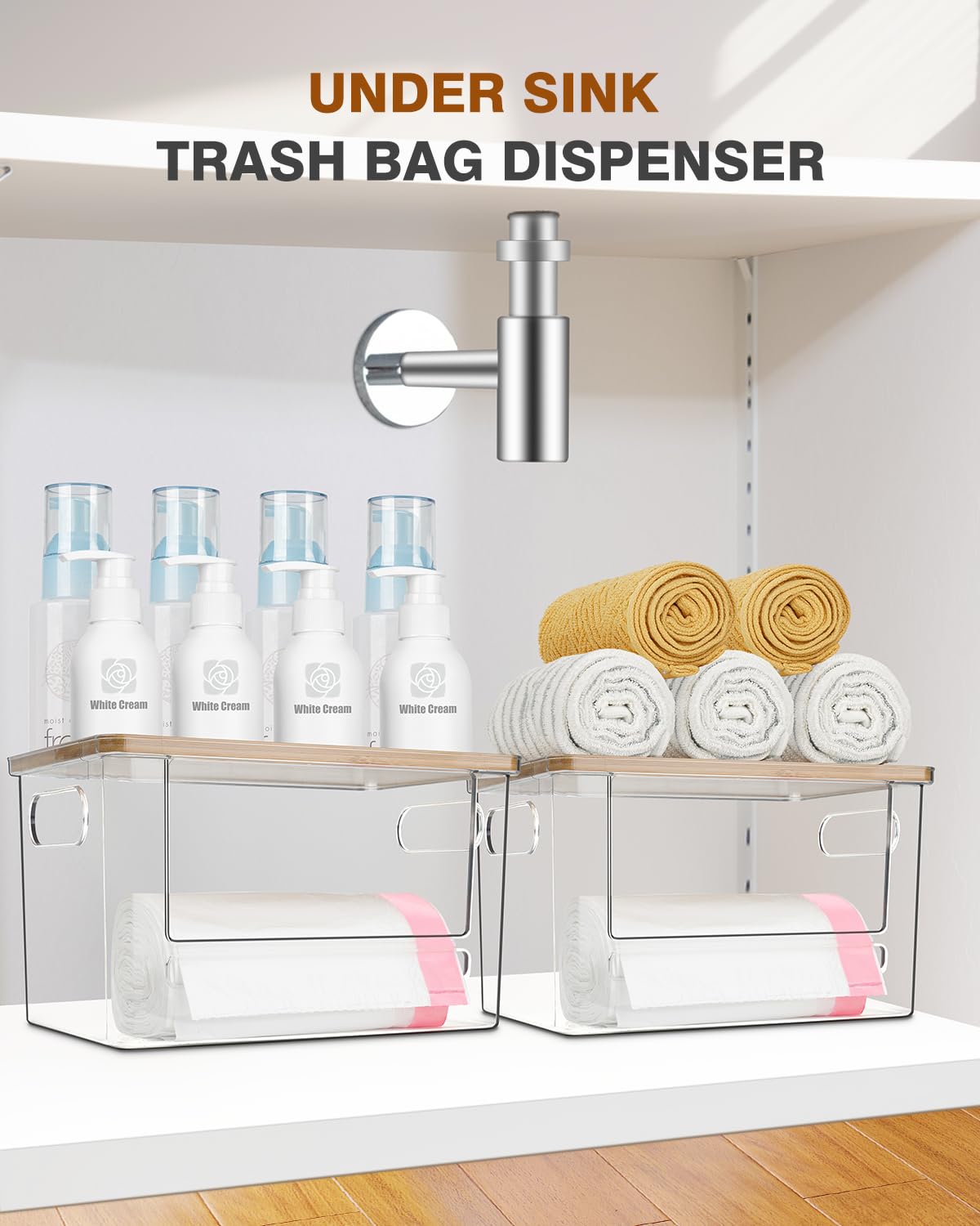 Trash Bag Dispenser 2 Pack, Acrylic Garbage Bags Dispenser with Bamboo Top, Extra Large Trash Bag Holder Dispensers Under Sink for Kitchen, Cabinet, Laundry Room, Pantry Organizer and Storage
